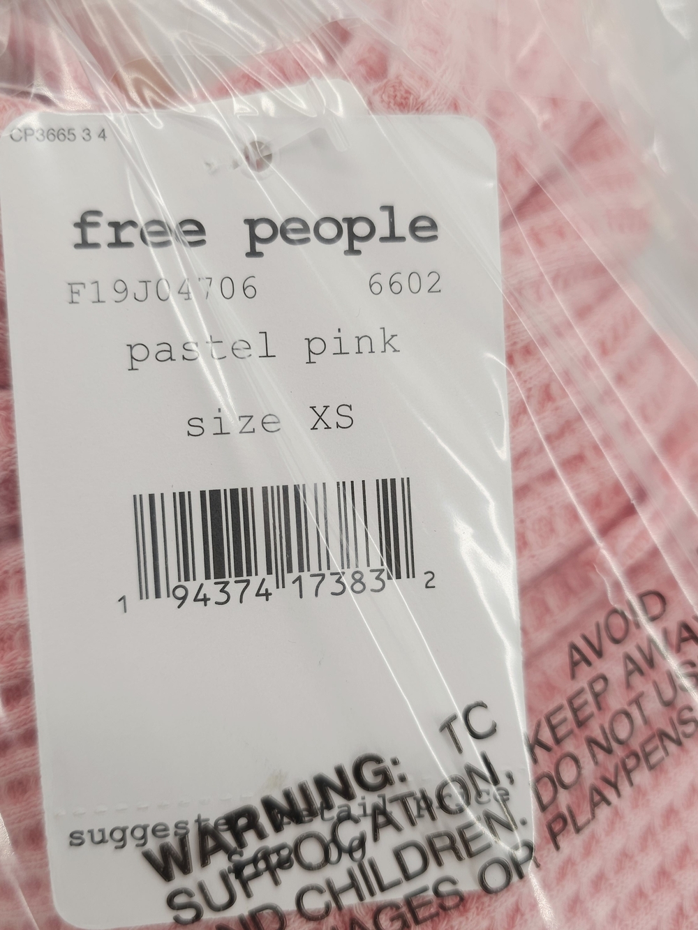 FREE PEOPLE Tasha Thermal Top Waffle Knit Pastel Pink Lace Sleeve XS -SMALL HOLE - Picture 6 of 8